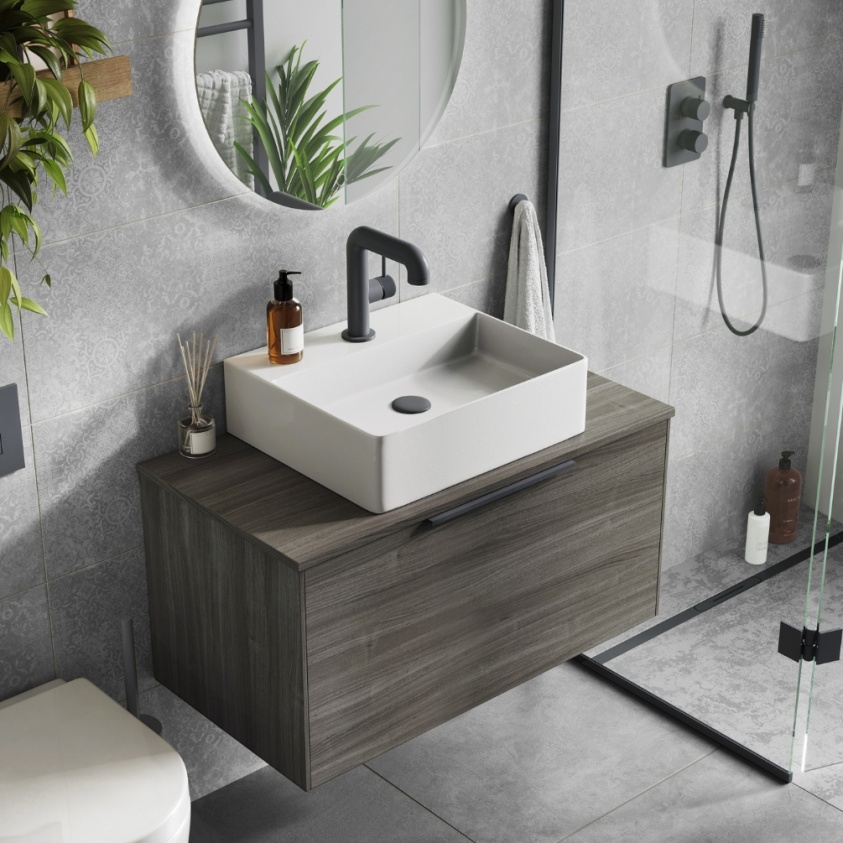 Product Lifestyle image of the Abacus Concept Sit On Lava 600mm Vanity Unit paired with a rectangular countertop basin